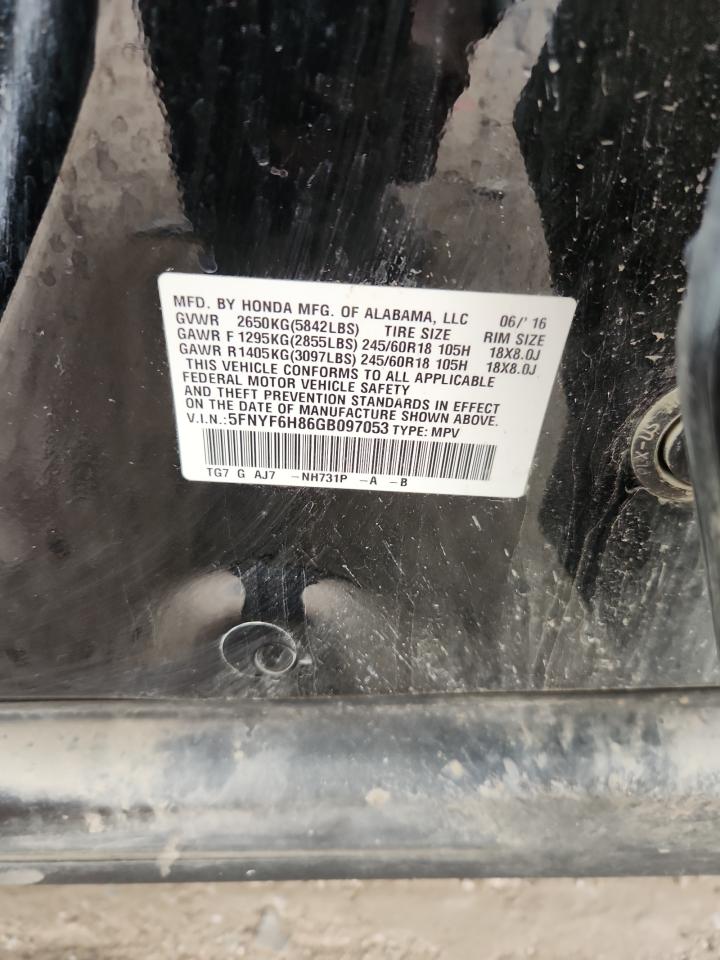 2016 Honda Pilot Exl VIN: 5FNYF6H86GB097053 Lot: 92497975