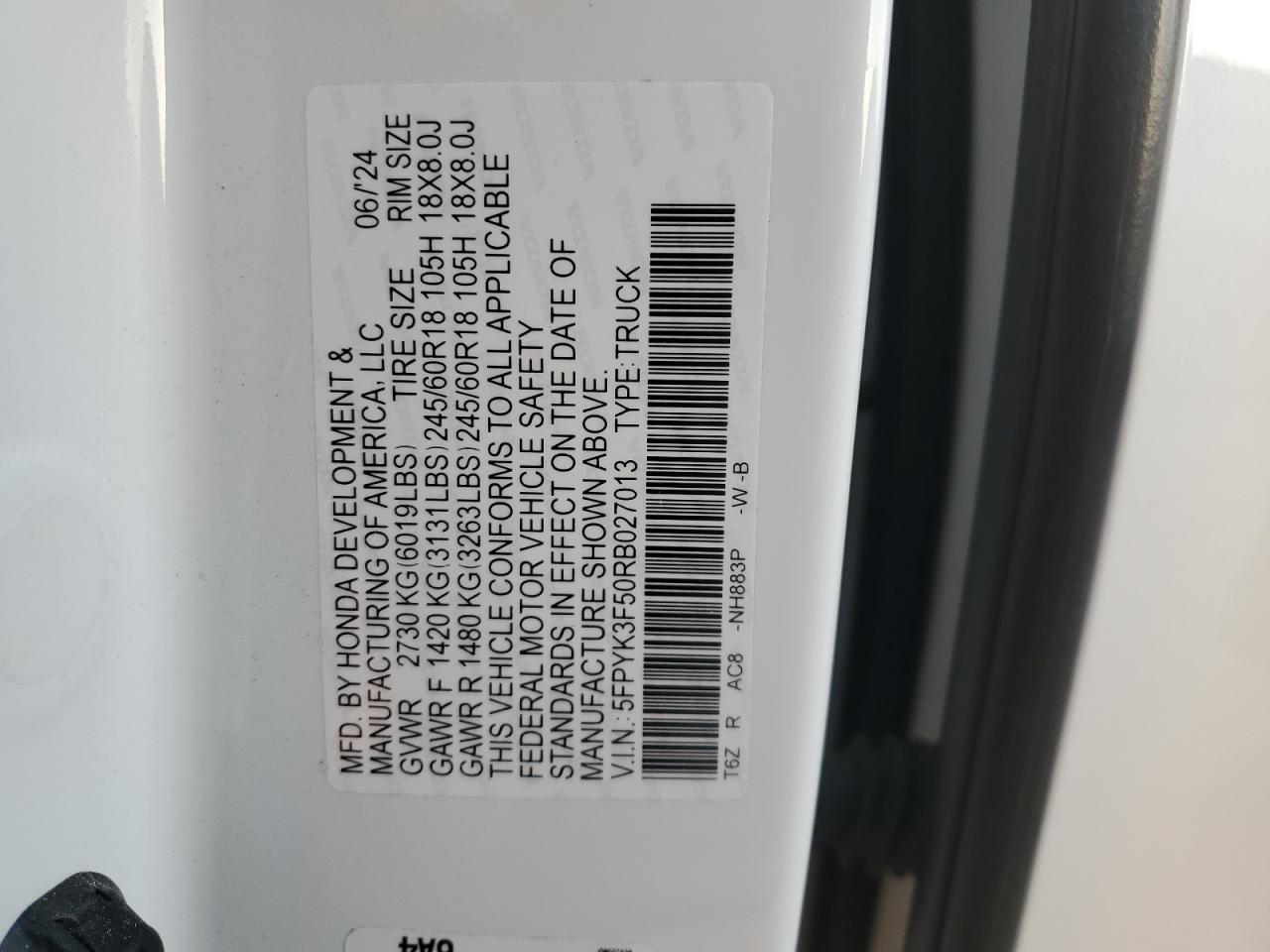 2024 Honda Ridgeline Rtl VIN: 5FPYK3F50RB027013 Lot: 90296395