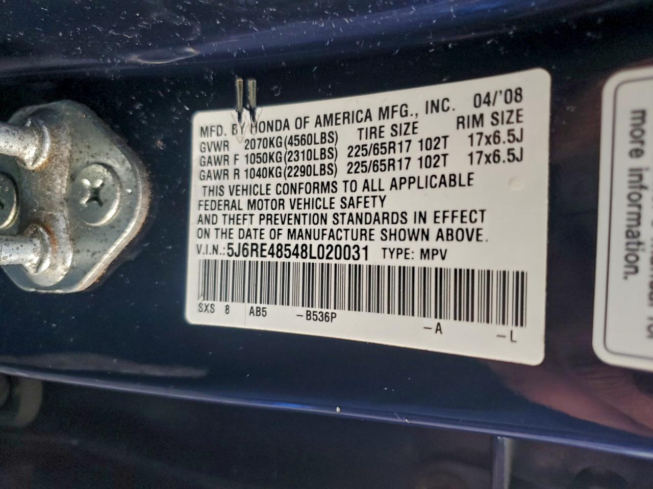 2008 Honda Cr-V Ex VIN: 5J6RE48548L020031 Lot: 93202125