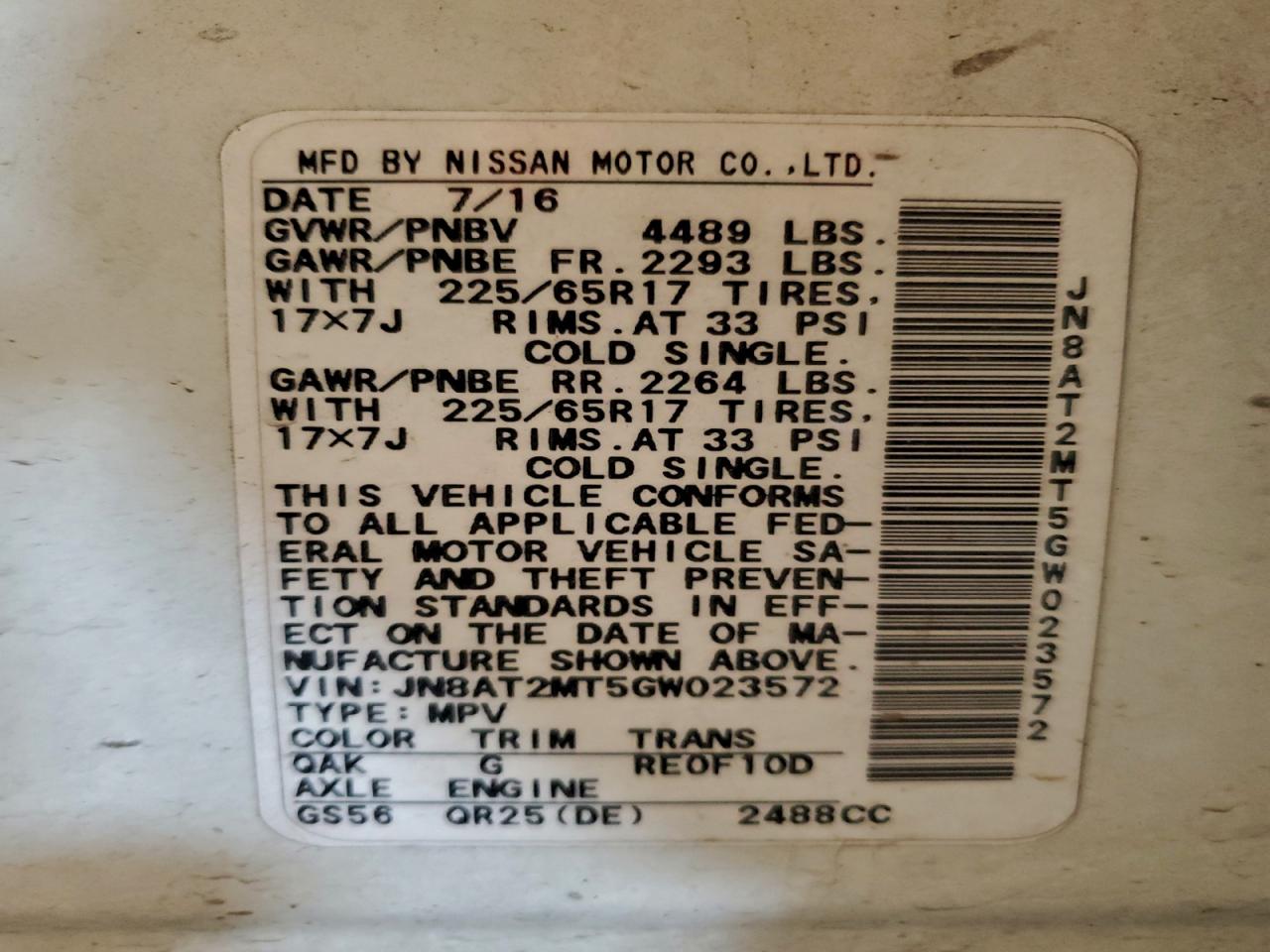 2016 Nissan Rogue S VIN: JN8AT2MT5GW023572 Lot: 94047625