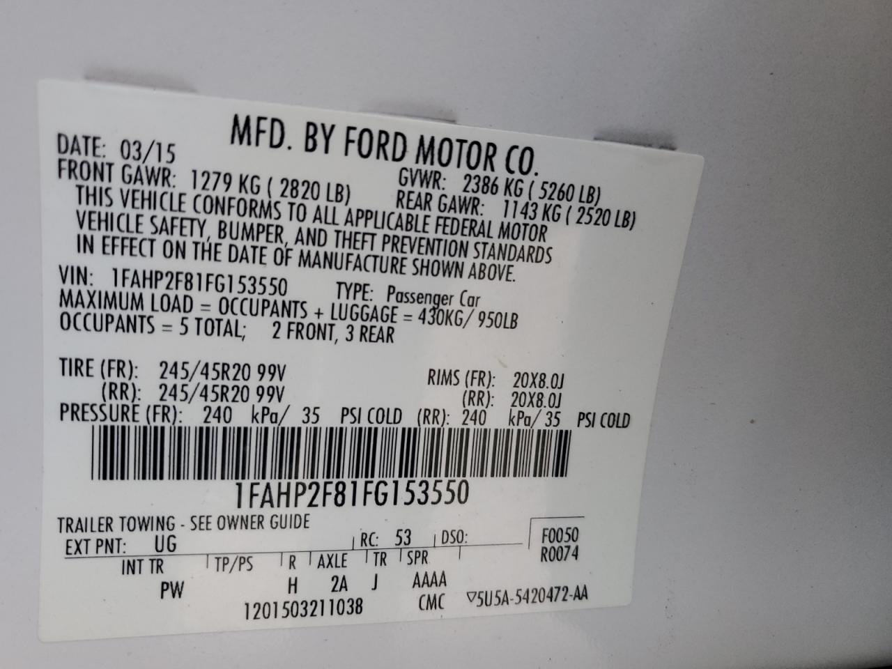 2015 Ford Taurus Limited VIN: 1FAHP2F81FG153550 Lot: 92171885