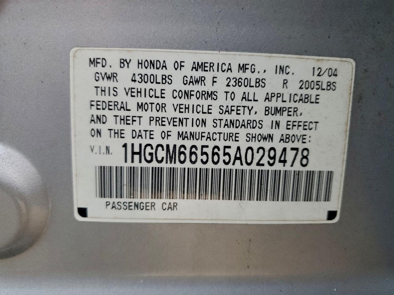 2005 Honda Accord Ex VIN: 1HGCM66565A029478 Lot: 93892845