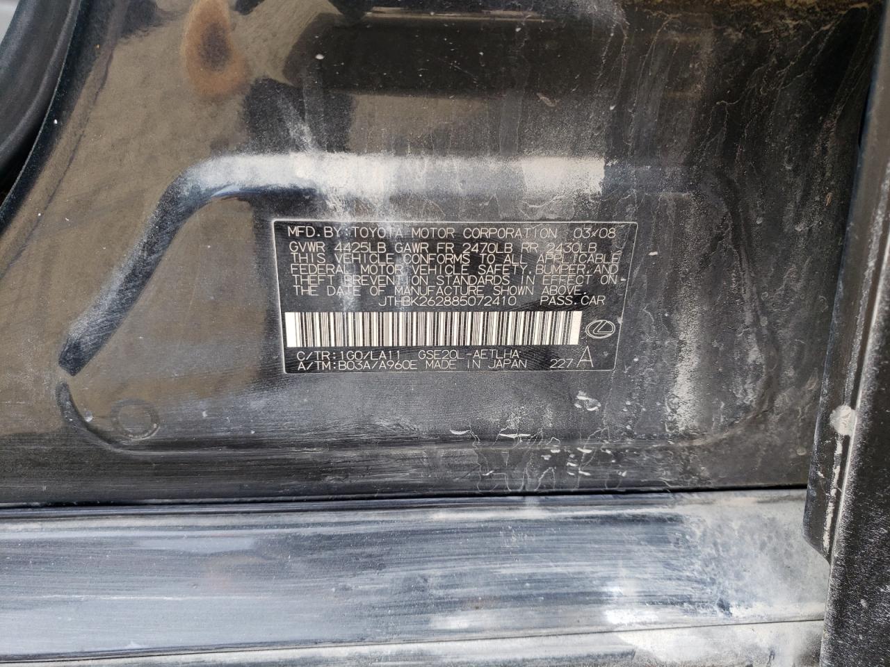 2008 Lexus Is 250 VIN: JTHBK262885072410 Lot: 93248395