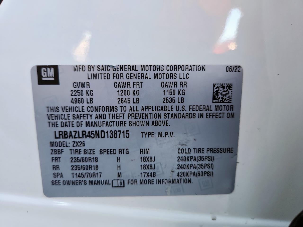 2022 Buick Envision Preferred VIN: LRBAZLR45ND138715 Lot: 92666045