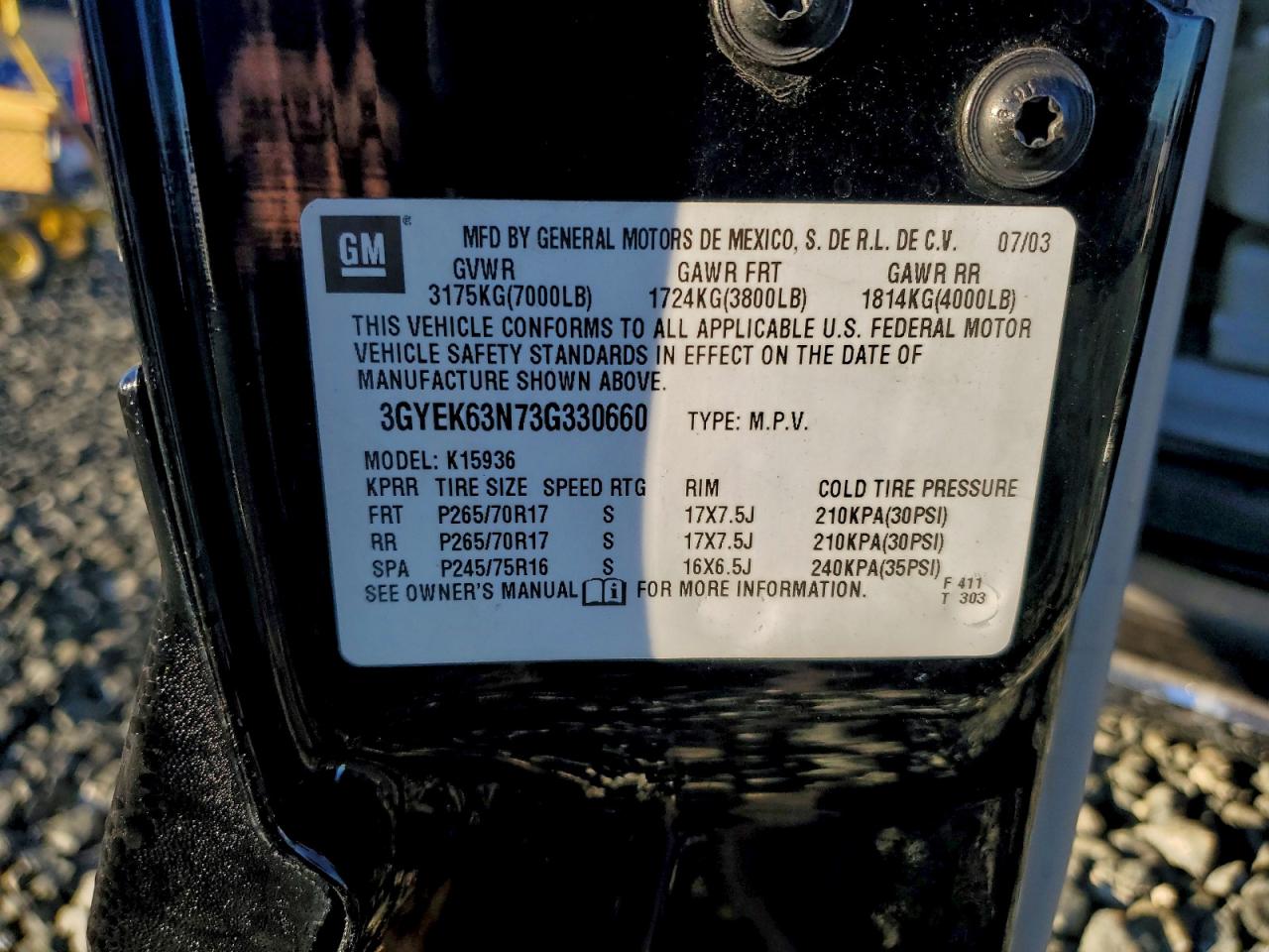 2003 Cadillac Escalade Ext VIN: 3GYEK63N73G330660 Lot: 92747845