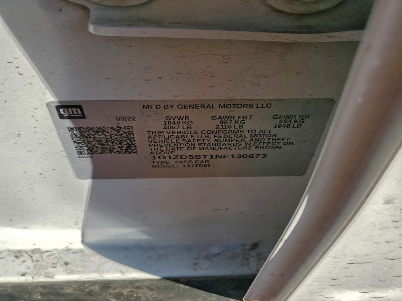 2022 Chevrolet Malibu Lt VIN: 1G1ZD5ST1NF130673 Lot: 94347815