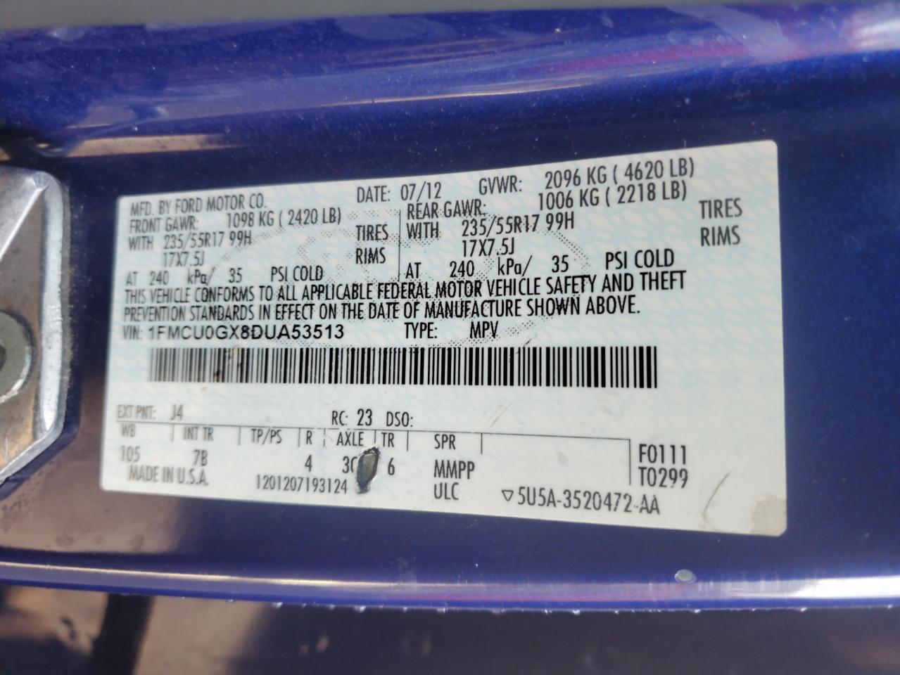 2013 Ford Escape Se VIN: 1FMCU0GX8DUA53513 Lot: 86786805