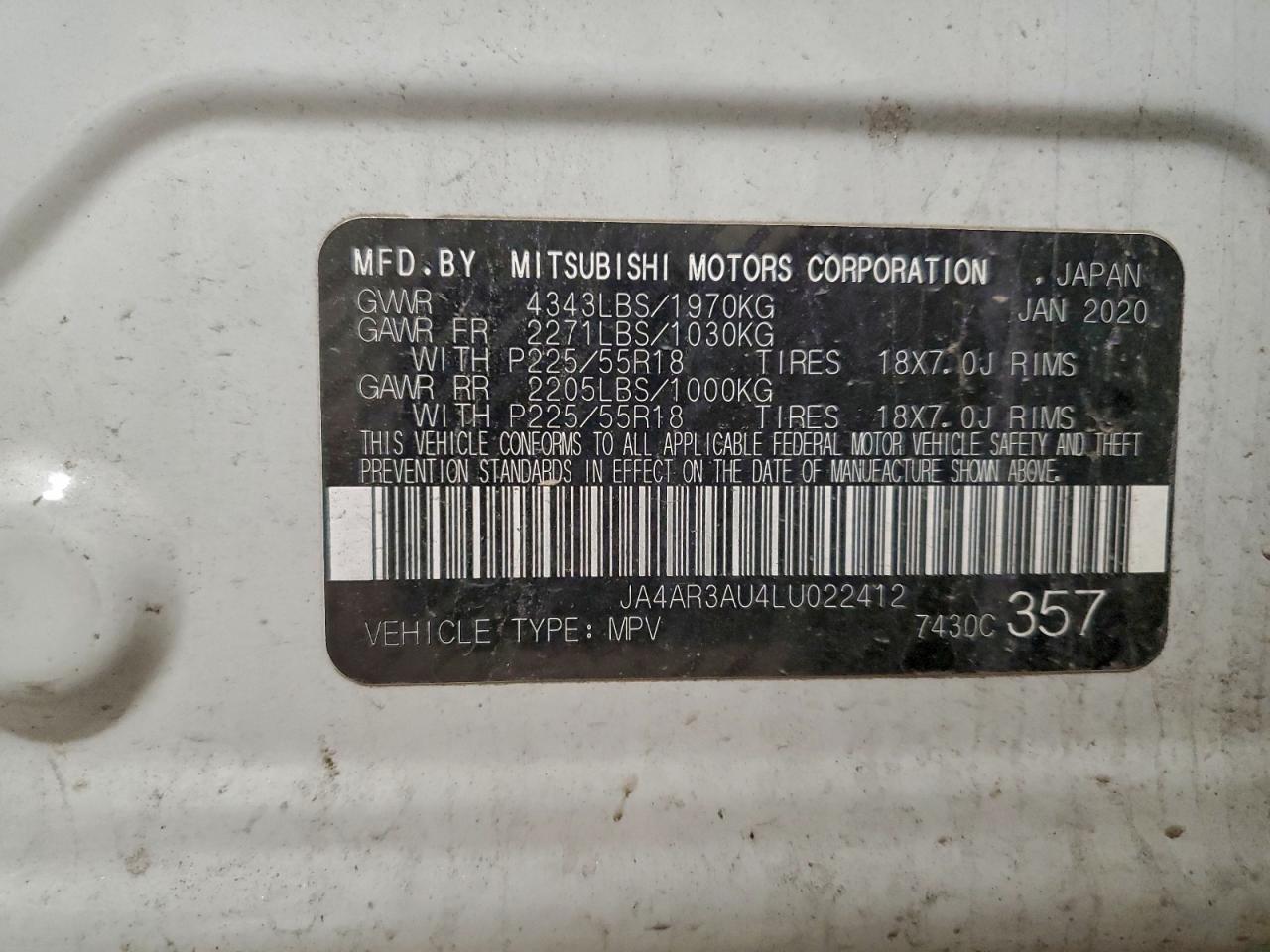 2020 Mitsubishi Outlander Sport Es VIN: JA4AR3AU4LU022412 Lot: 93453055