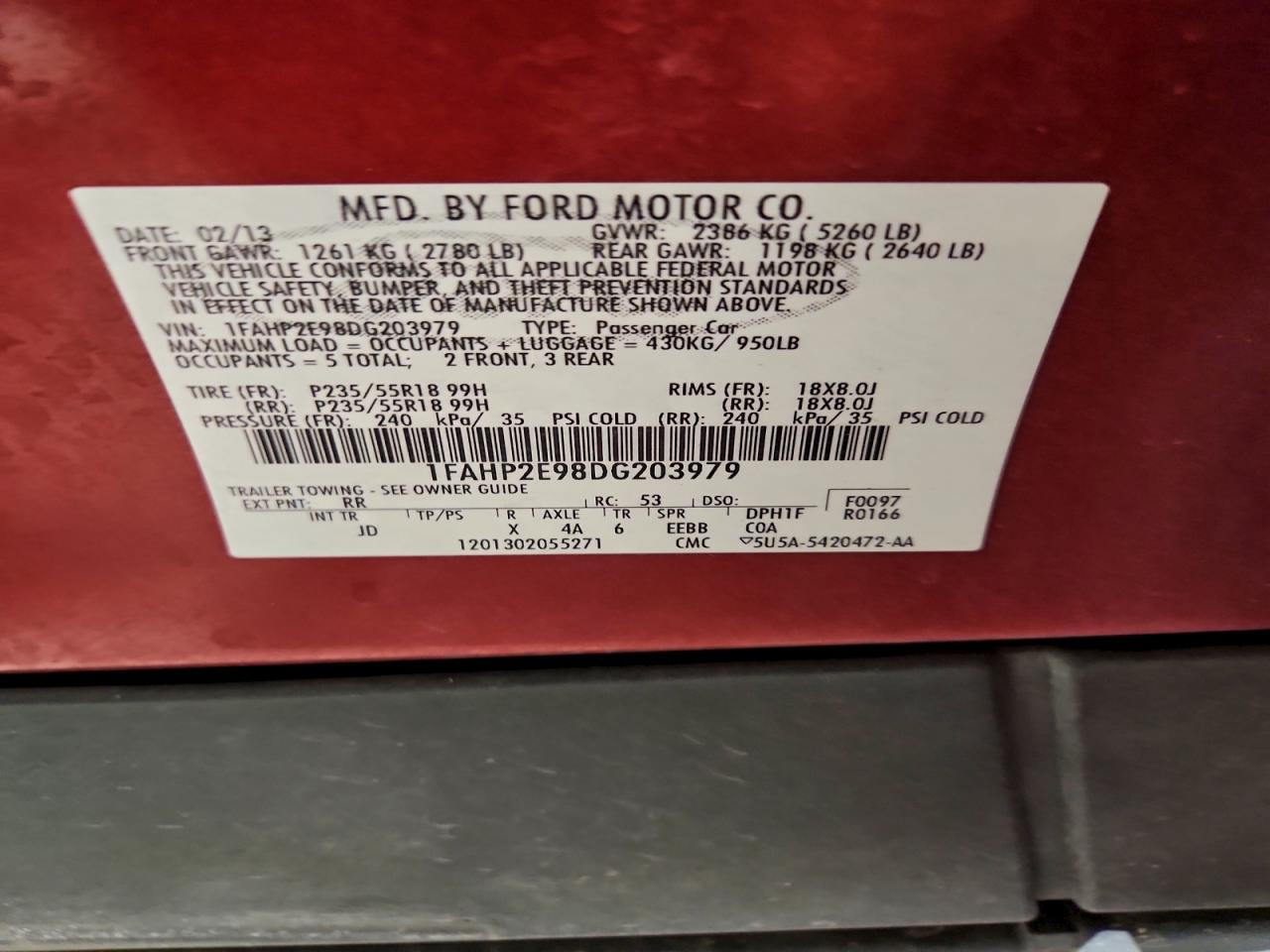 2013 Ford Taurus Sel VIN: 1FAHP2E98DG203979 Lot: 93931355