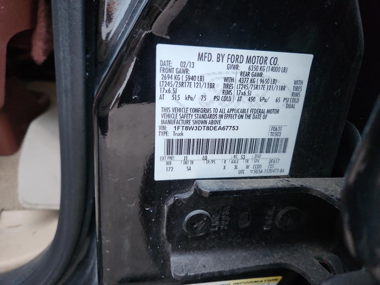 2013 Ford F350 Super Duty VIN: 1FT8W3DT8DEA67753 Lot: 91494565