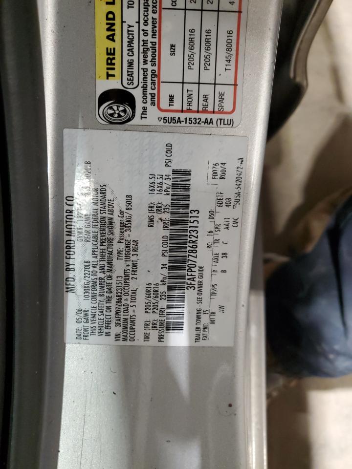 2006 Ford Fusion Se VIN: 3FAFP07Z86R231513 Lot: 91198505