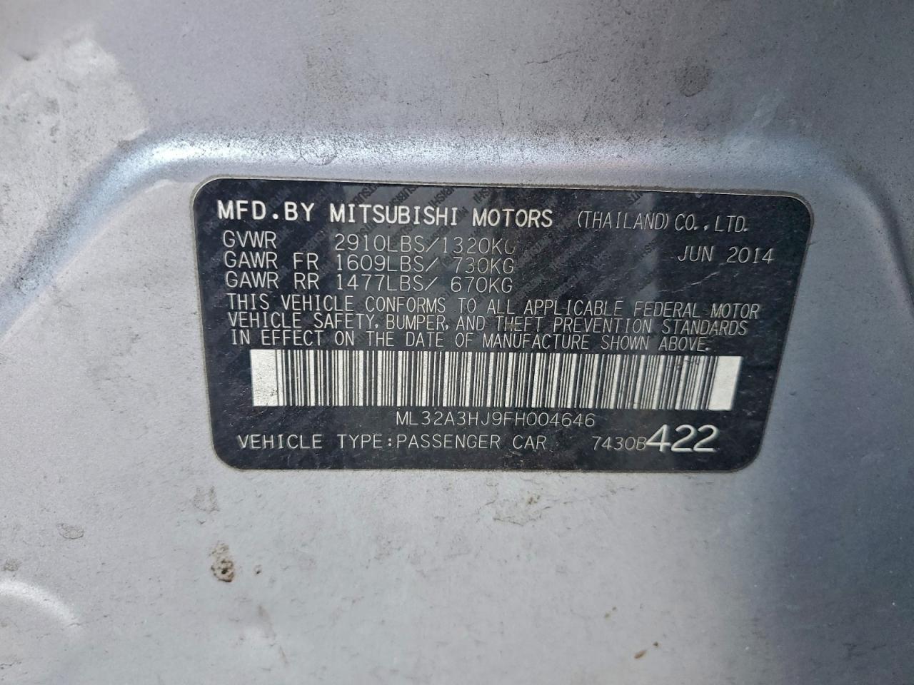 2015 Mitsubishi Mirage De VIN: ML32A3HJ9FH004646 Lot: 93729525