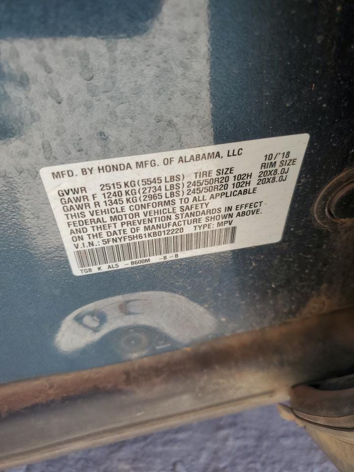 2019 Honda Pilot Touring VIN: 5FNYF5H61KB012220 Lot: 92583865