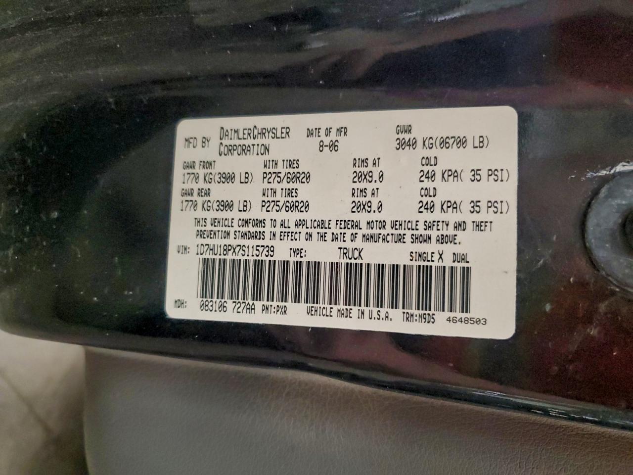 2007 Dodge Ram 1500 St VIN: 1D7HU18PX7S115739 Lot: 93964455