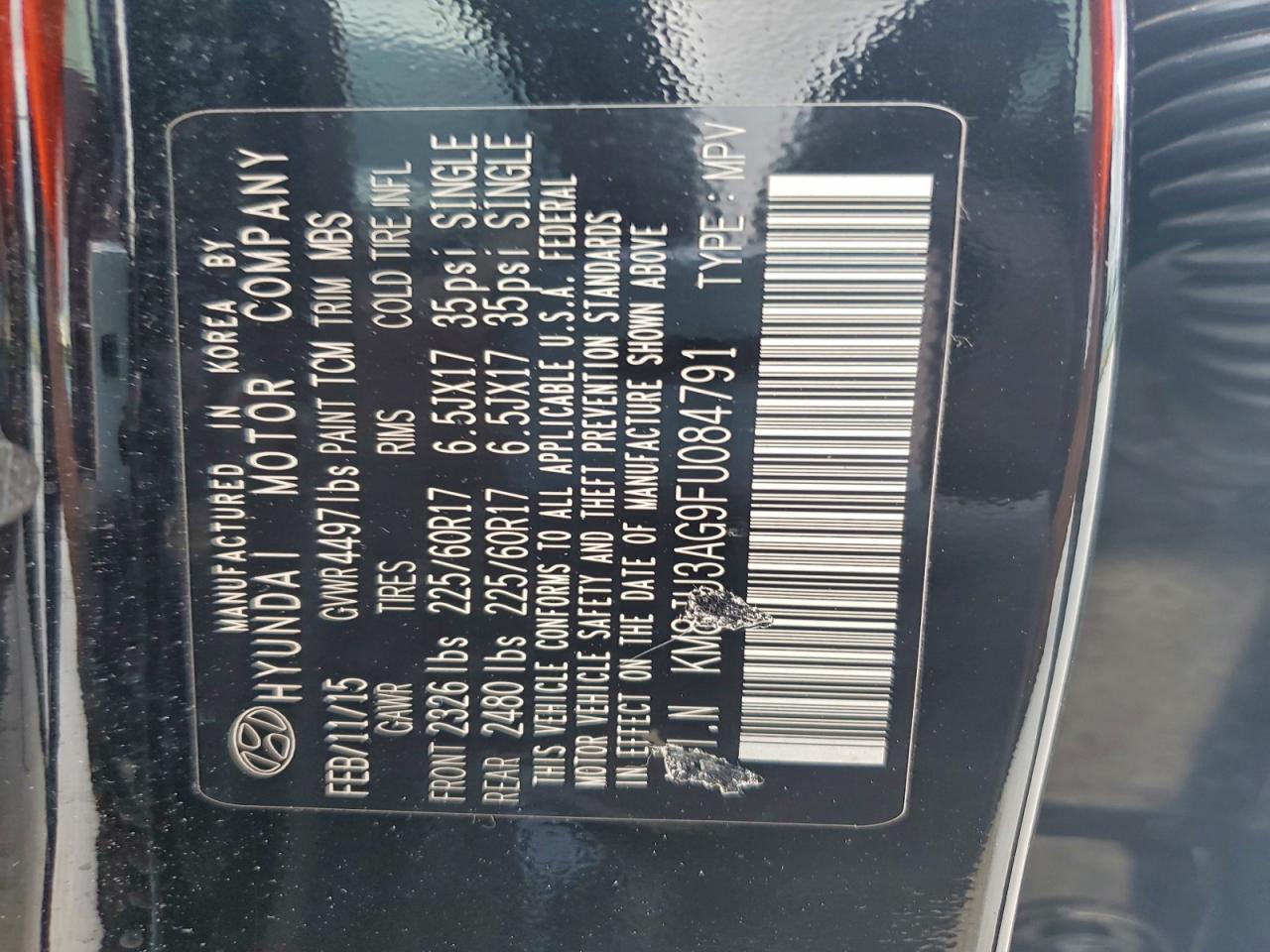 2015 Hyundai Tucson Limited VIN: KM8JU3AG9FU084791 Lot: 93802835