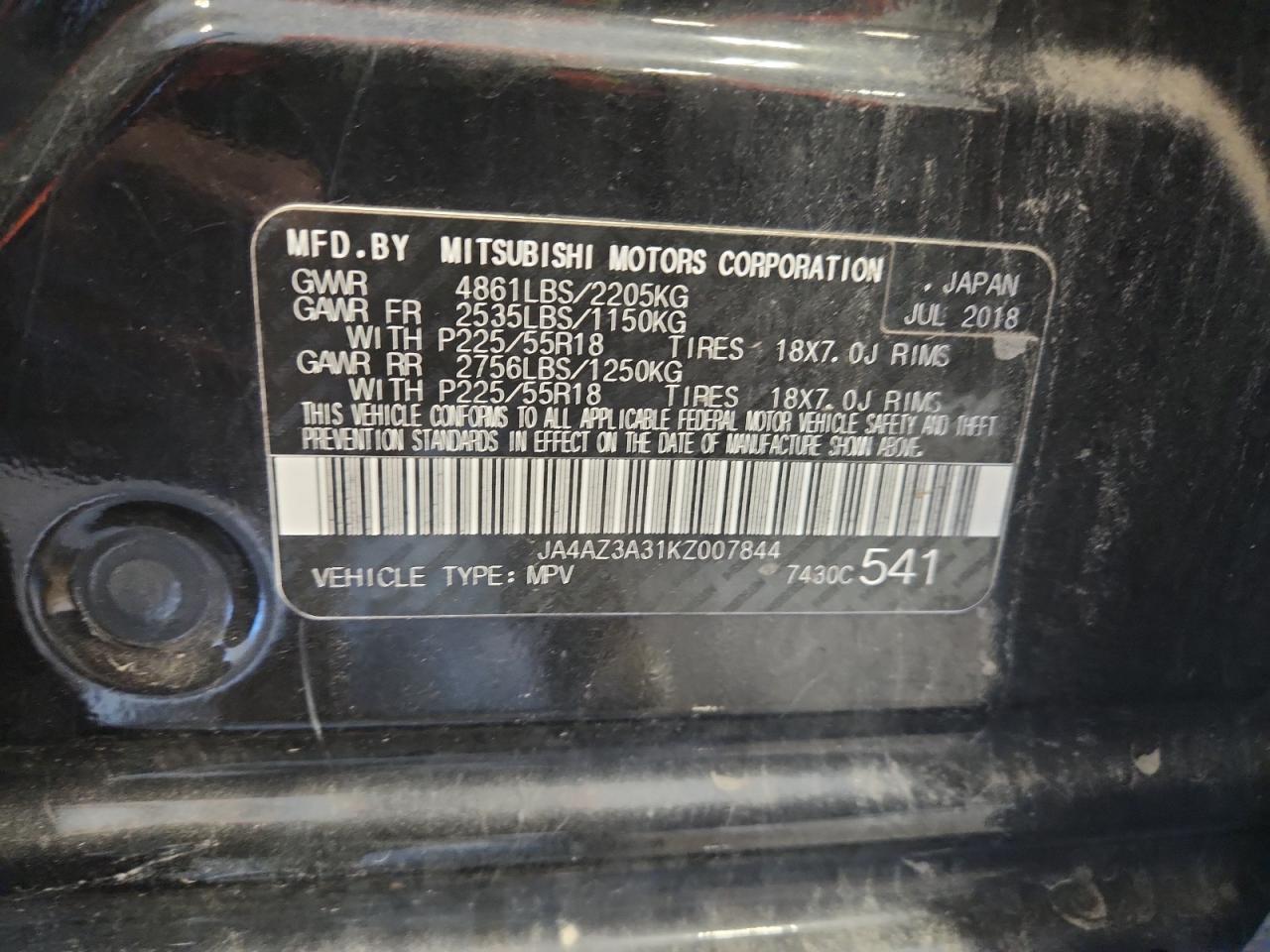 2019 Mitsubishi Outlander Se VIN: JA4AZ3A31KZ007844 Lot: 92428995