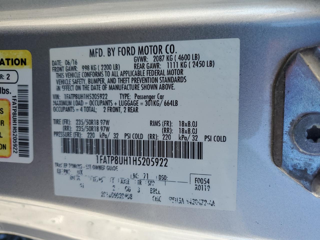 2017 Ford Mustang VIN: 1FATP8UH1H5205922 Lot: 92469815