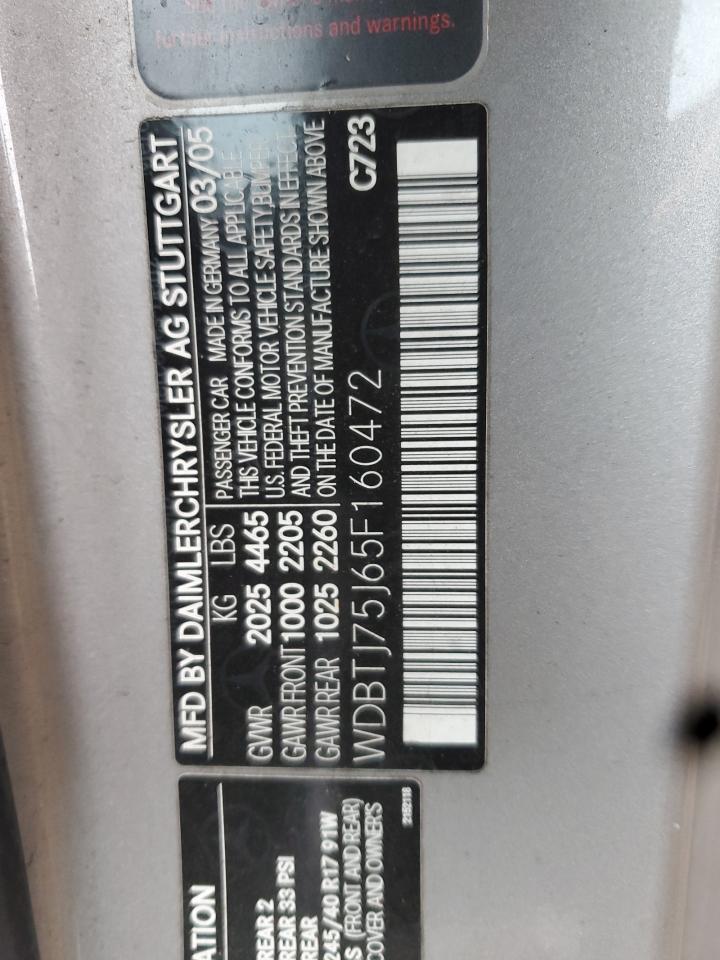 2005 Mercedes-Benz Clk 500 VIN: WDBTJ75J65F160472 Lot: 92904505