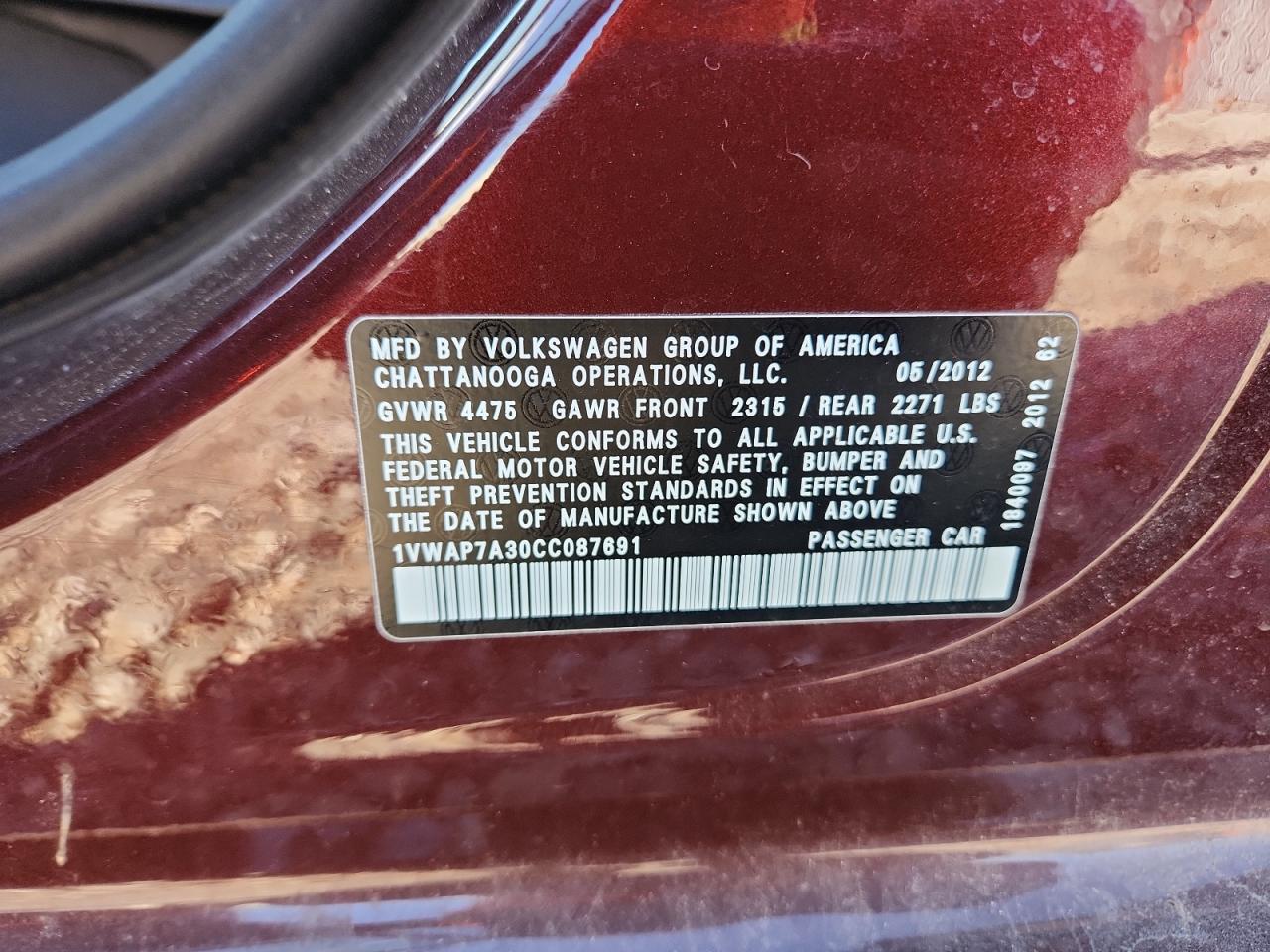 2012 Volkswagen Passat S VIN: 1VWAP7A30CC087691 Lot: 91625815