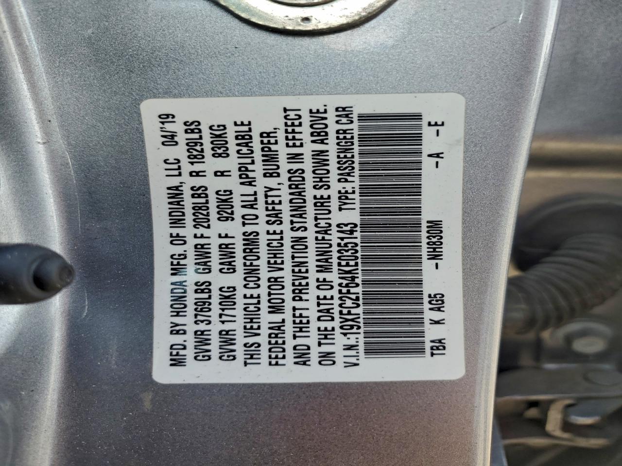 2019 Honda Civic Lx VIN: 19XFC2F64KE035143 Lot: 94521545