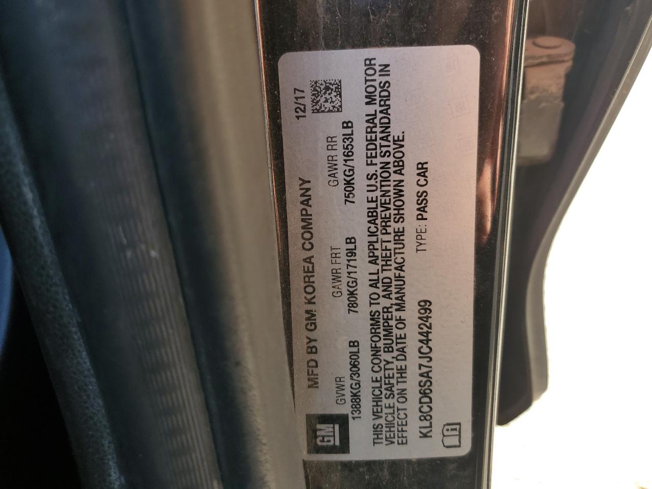 2018 Chevrolet Spark 1Lt VIN: KL8CD6SA7JC442499 Lot: 92689455