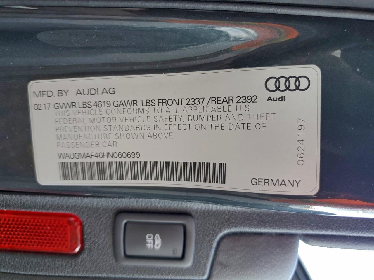 2017 Audi A4 Ultra Premium VIN: WAUGMAF46HN060699 Lot: 94378405