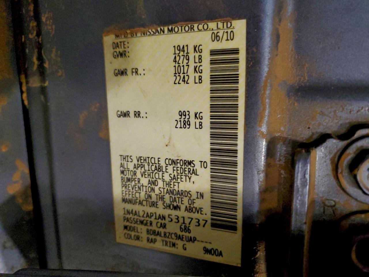 2010 Nissan Altima Base VIN: 1N4AL2AP1AN531737 Lot: 94553595