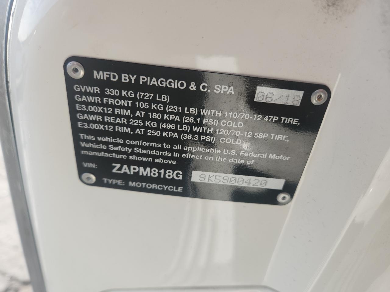 2019 Vespa Primavera VIN: ZAPM818G9K5900420 Lot: 90751745