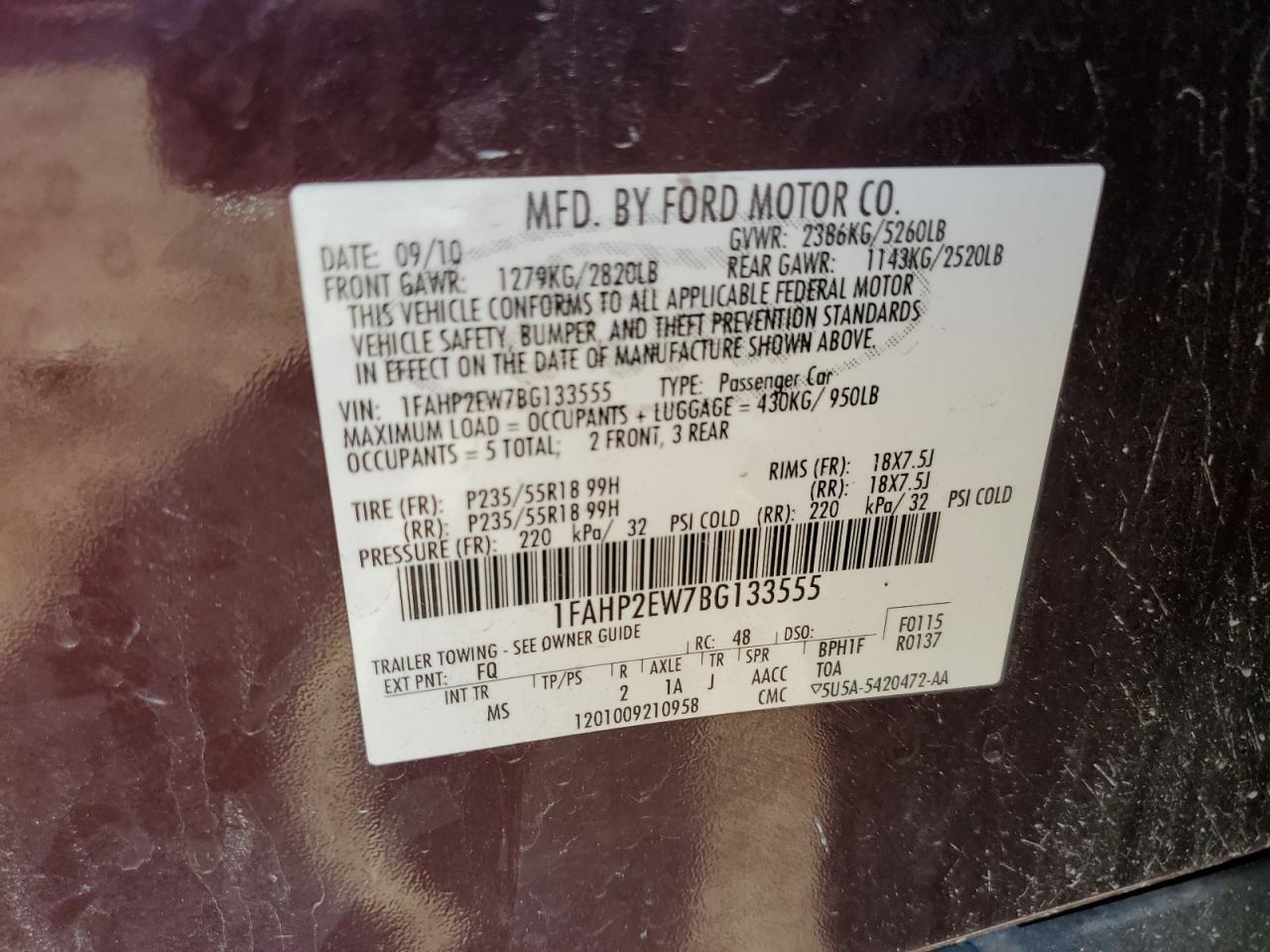 2011 Ford Taurus Sel VIN: 1FAHP2EW7BG133555 Lot: 91190415