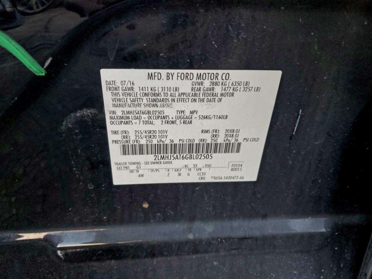 2016 Lincoln Mkt VIN: 2LMHJ5AT6GBL02505 Lot: 94279325