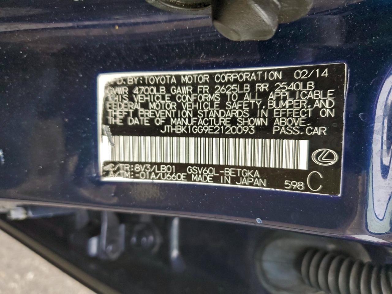 2014 Lexus Es 350 VIN: JTHBK1GG9E2120093 Lot: 94260505