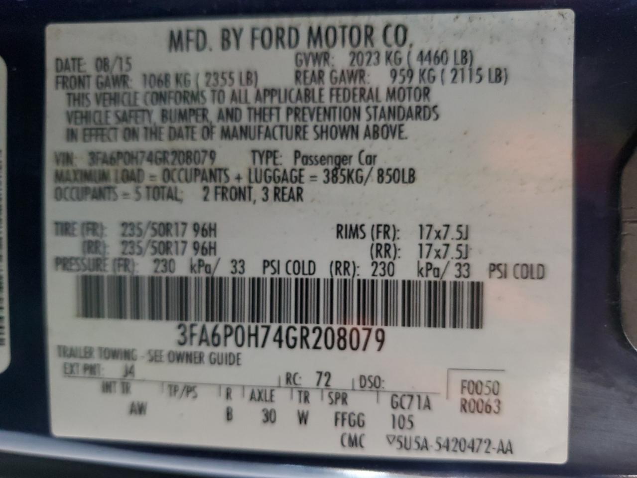 2016 Ford Fusion Se VIN: 3FA6P0H74GR208079 Lot: 92472065