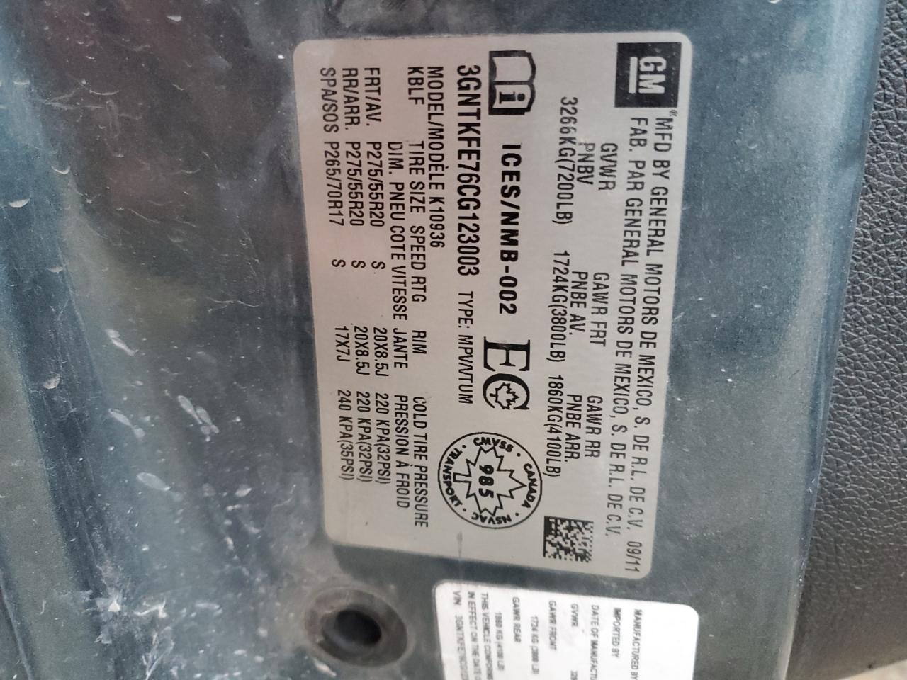 2012 Chevrolet Avalanche Lt VIN: 3GNTKFE76CG123003 Lot: 93485045