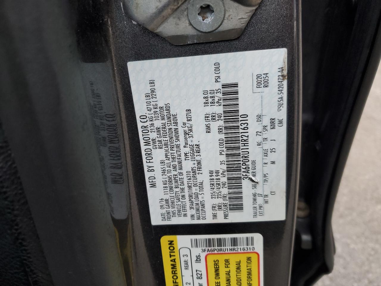 2017 Ford Fusion Titanium Hev VIN: 3FA6P0RU1HR216310 Lot: 92348735