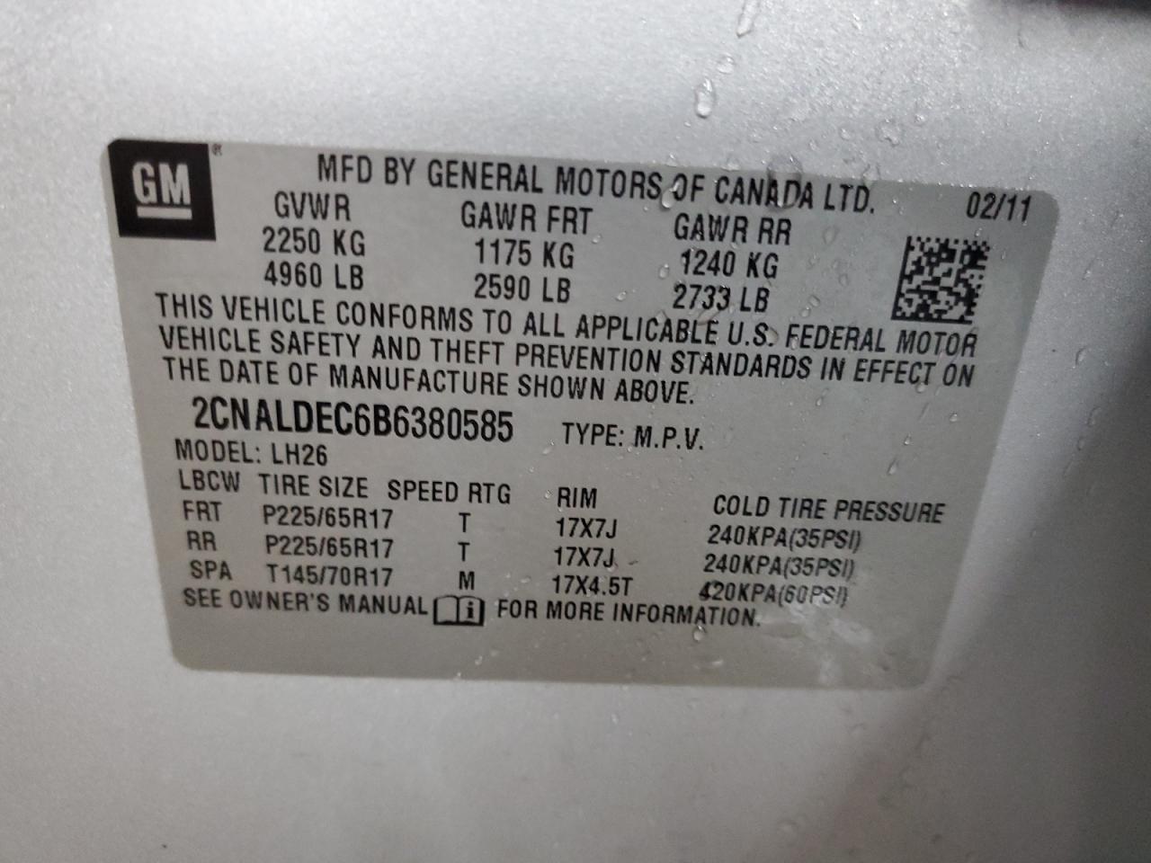 2011 Chevrolet Equinox Lt VIN: 2CNALDEC6B6380585 Lot: 92583935