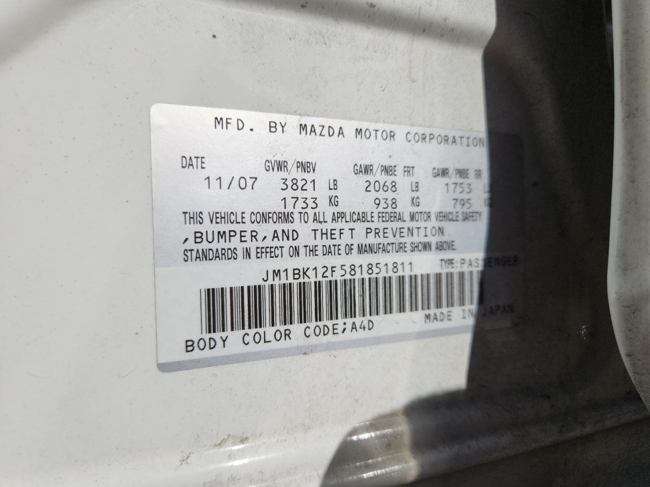 2008 Mazda 3 I VIN: JM1BK12F581851811 Lot: 91721405