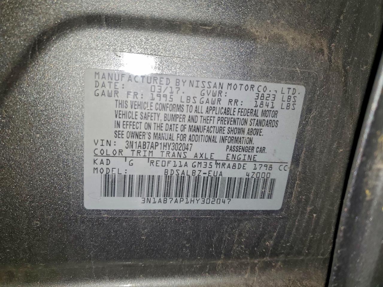 2017 Nissan Sentra S VIN: 3N1AB7AP1HY302047 Lot: 91888935