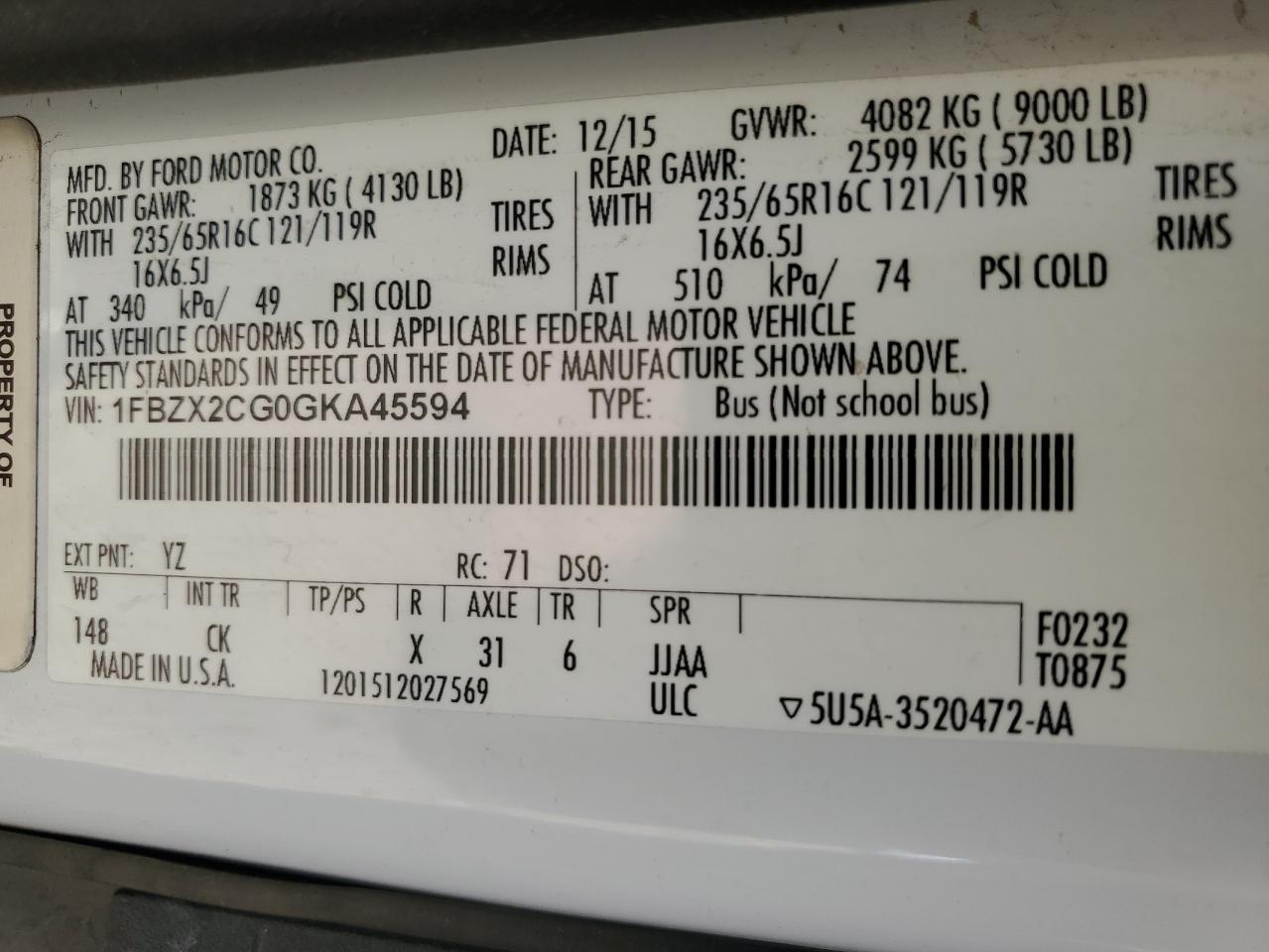 2016 Ford Transit T-350 VIN: 1FBZX2CG0GKA45594 Lot: 91261565