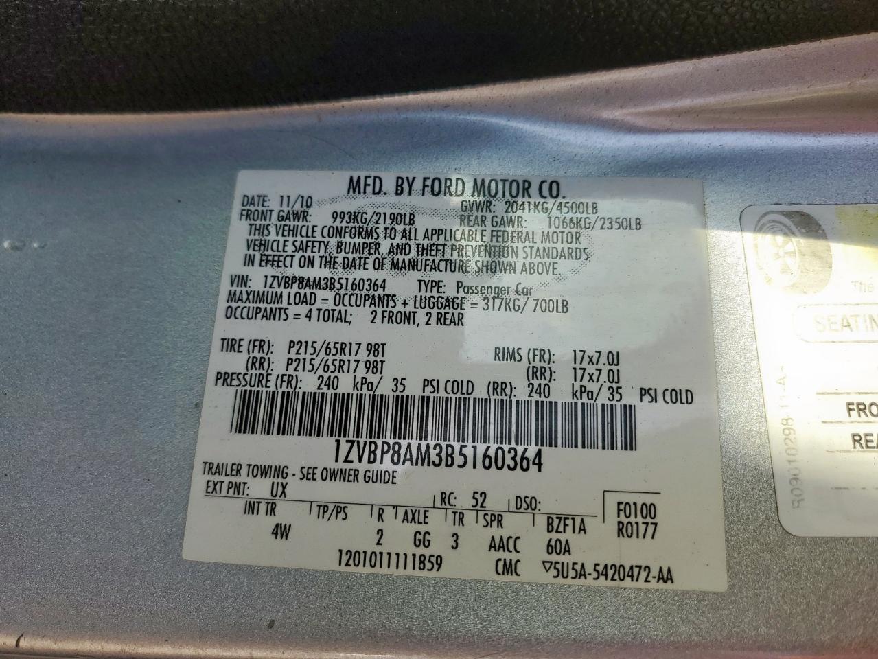 2011 Ford Mustang VIN: 1ZVBP8AM3B5160364 Lot: 92996115