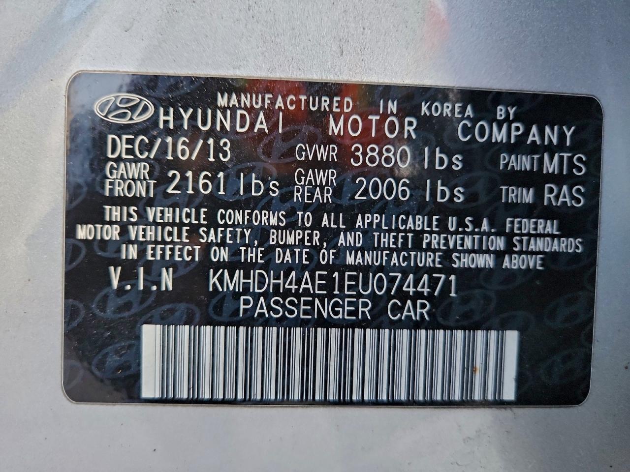 2014 Hyundai Elantra Se VIN: KMHDH4AE1EU074471 Lot: 94705765