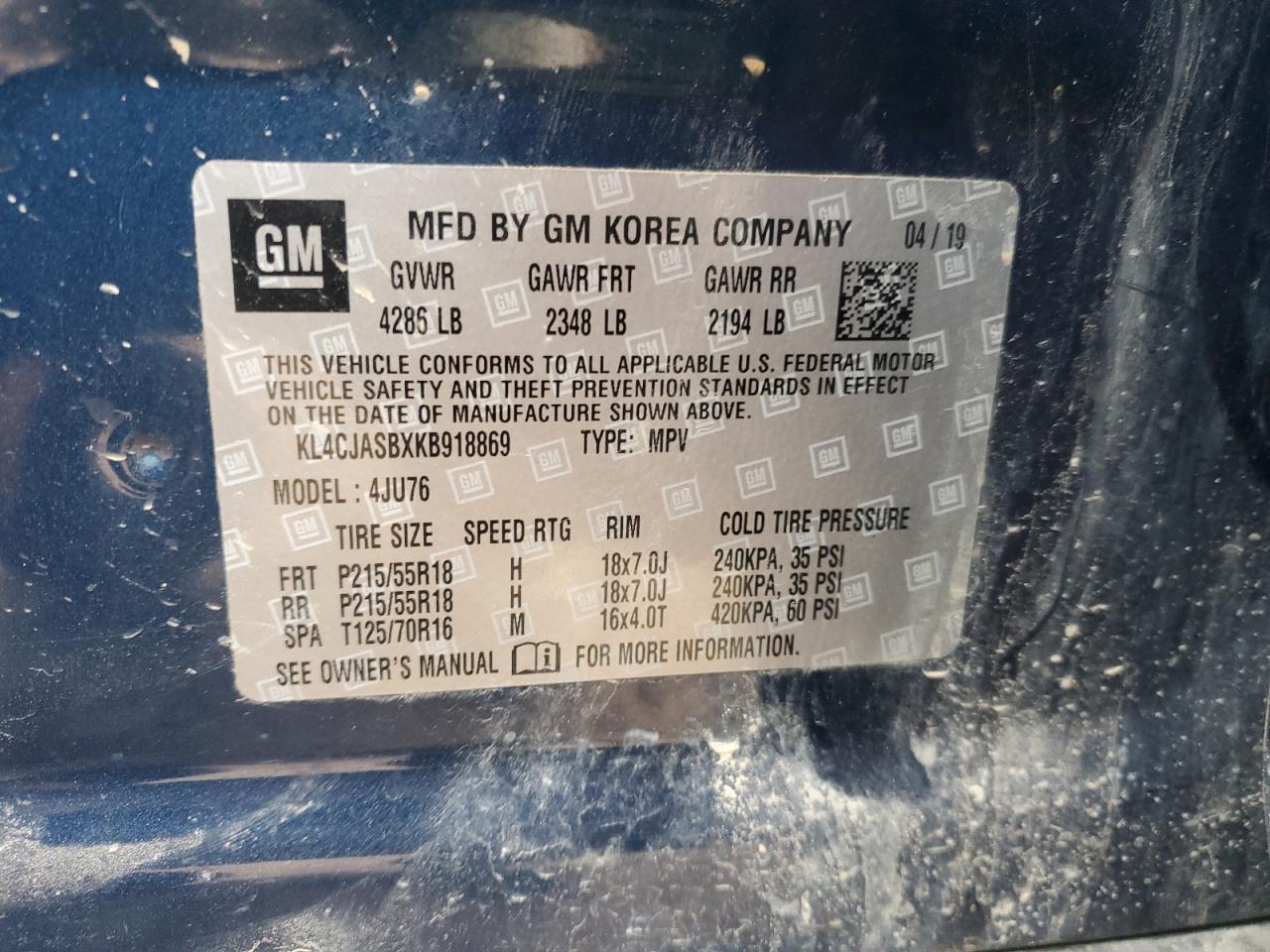 2019 Buick Encore Preferred VIN: KL4CJASBXKB918869 Lot: 91996235