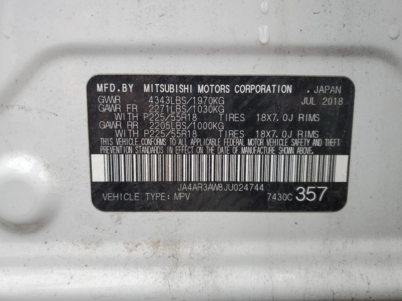 2018 Mitsubishi Outlander Sport Es VIN: JA4AR3AW8JU024744 Lot: 91706605