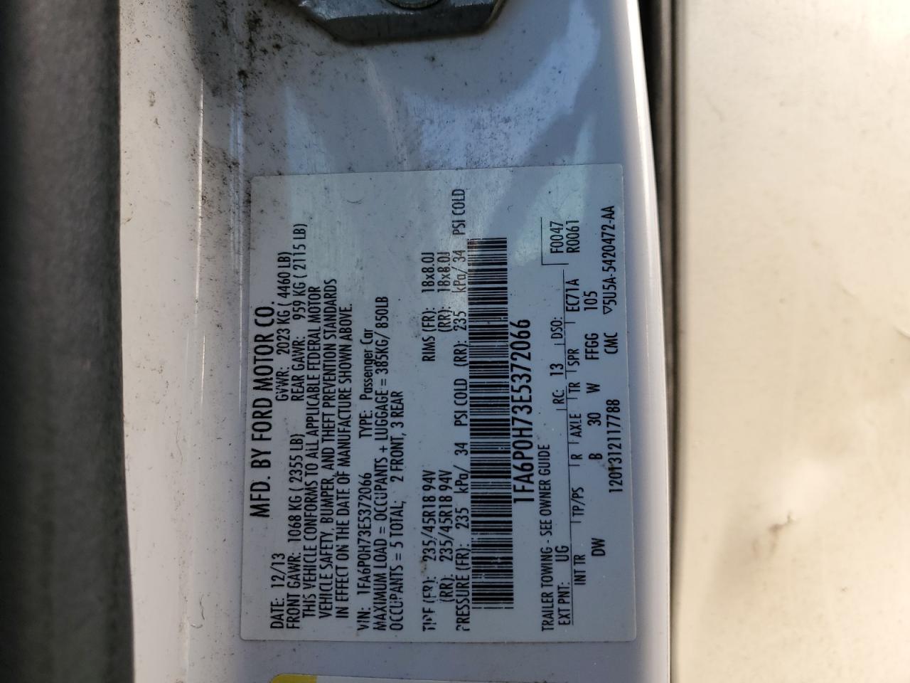 2014 Ford Fusion Se VIN: 1FA6P0H73E5372066 Lot: 93233255