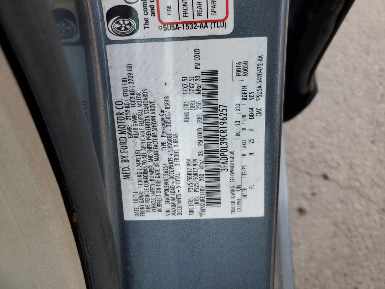 2012 Ford Fusion Hybrid VIN: 3FADP0L39CR196257 Lot: 92353875