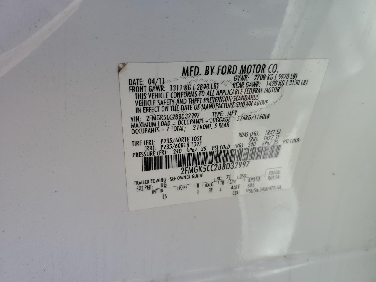 2011 Ford Flex Sel VIN: 2FMGK5CC2BBD32997 Lot: 91277735