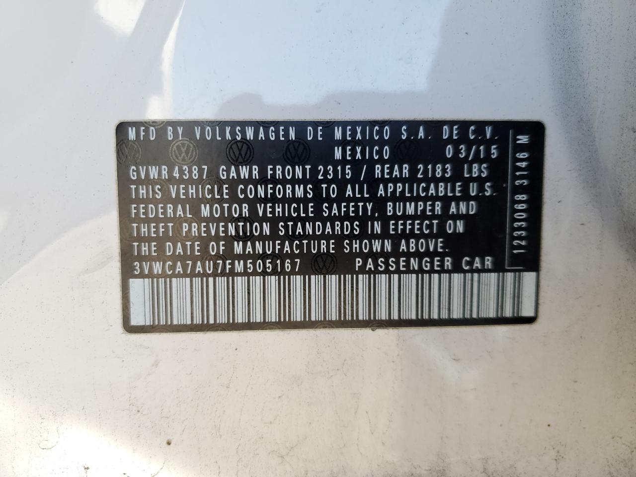 2015 Volkswagen Golf Sportwagen Tdi S VIN: 3VWCA7AU7FM505167 Lot: 92917205