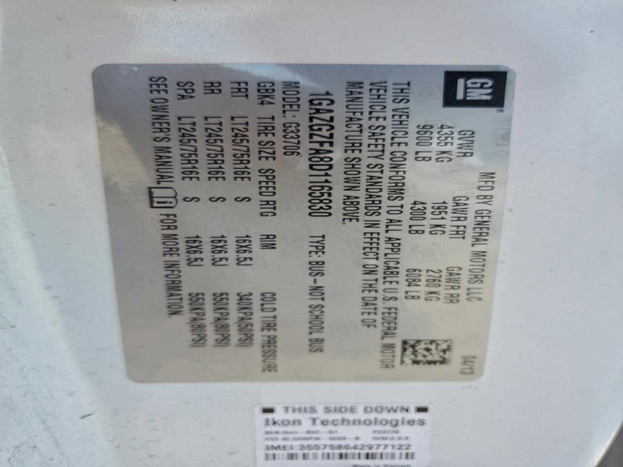 2013 Chevrolet Express G3500 Ls VIN: 1GAZGZFA8D1165830 Lot: 93888765