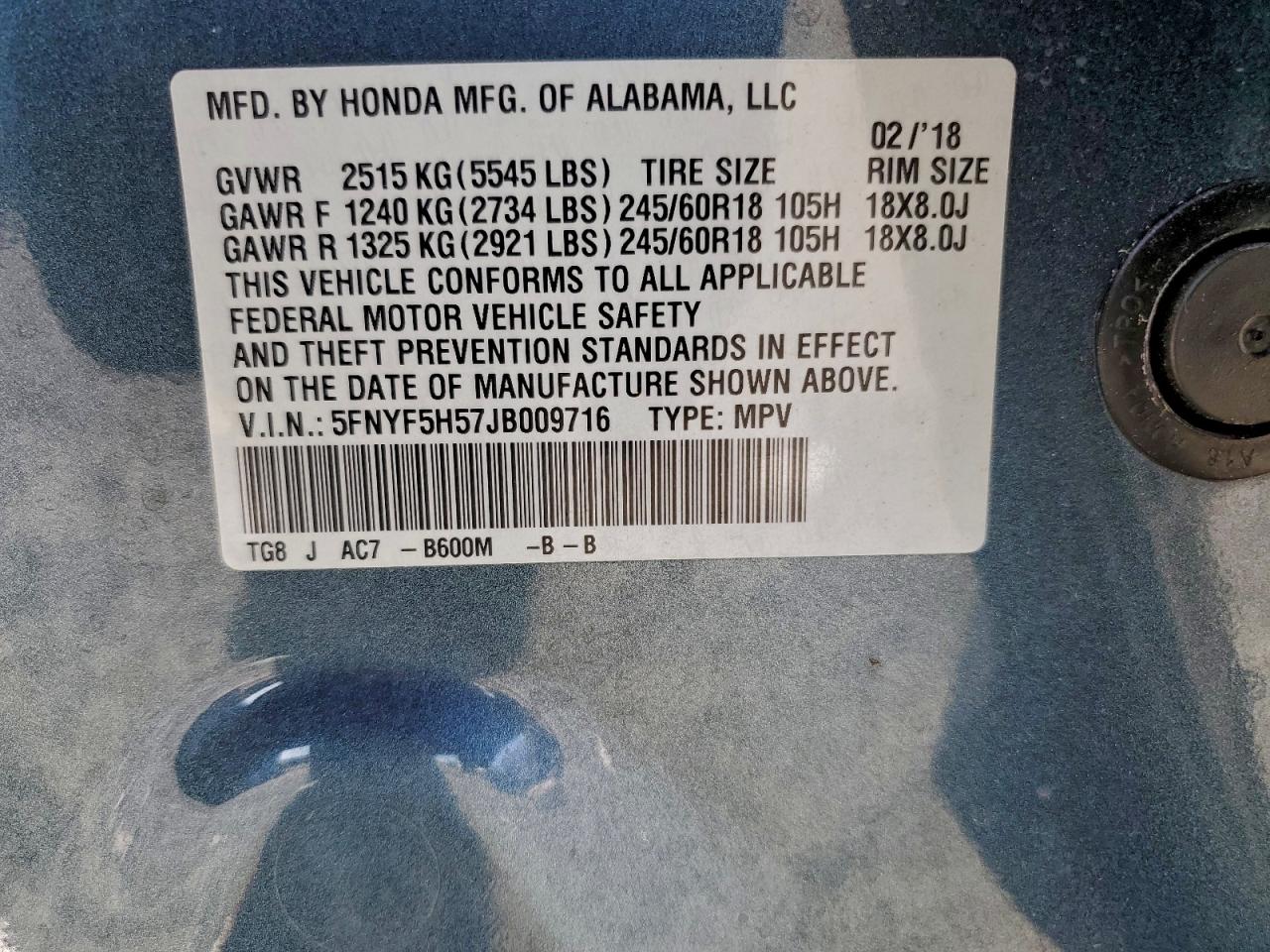 2019 Honda Pilot Exl VIN: 5FNYF5H57JB009716 Lot: 94060805