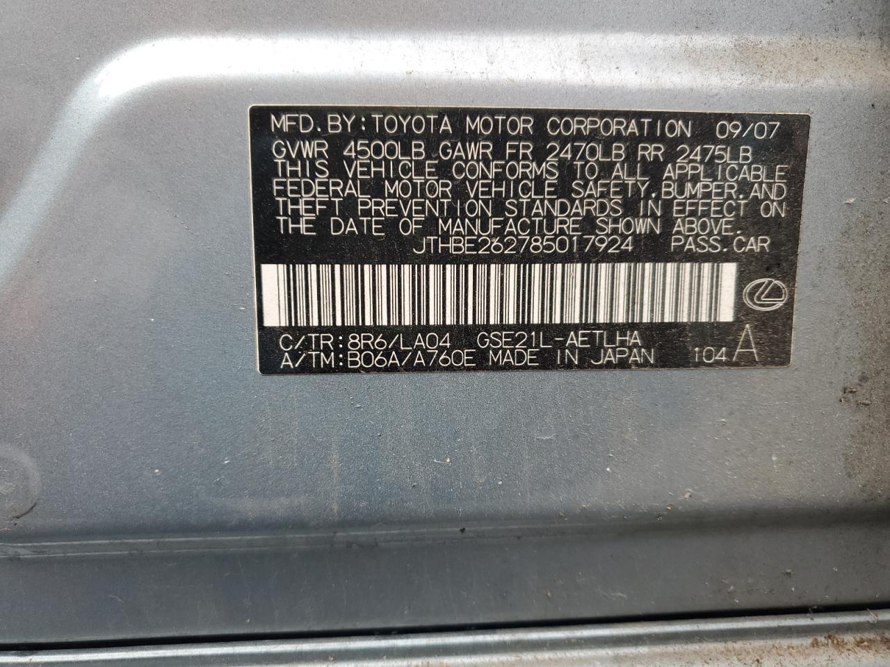 2008 Lexus Is 350 VIN: JTHBE262785017924 Lot: 90953015