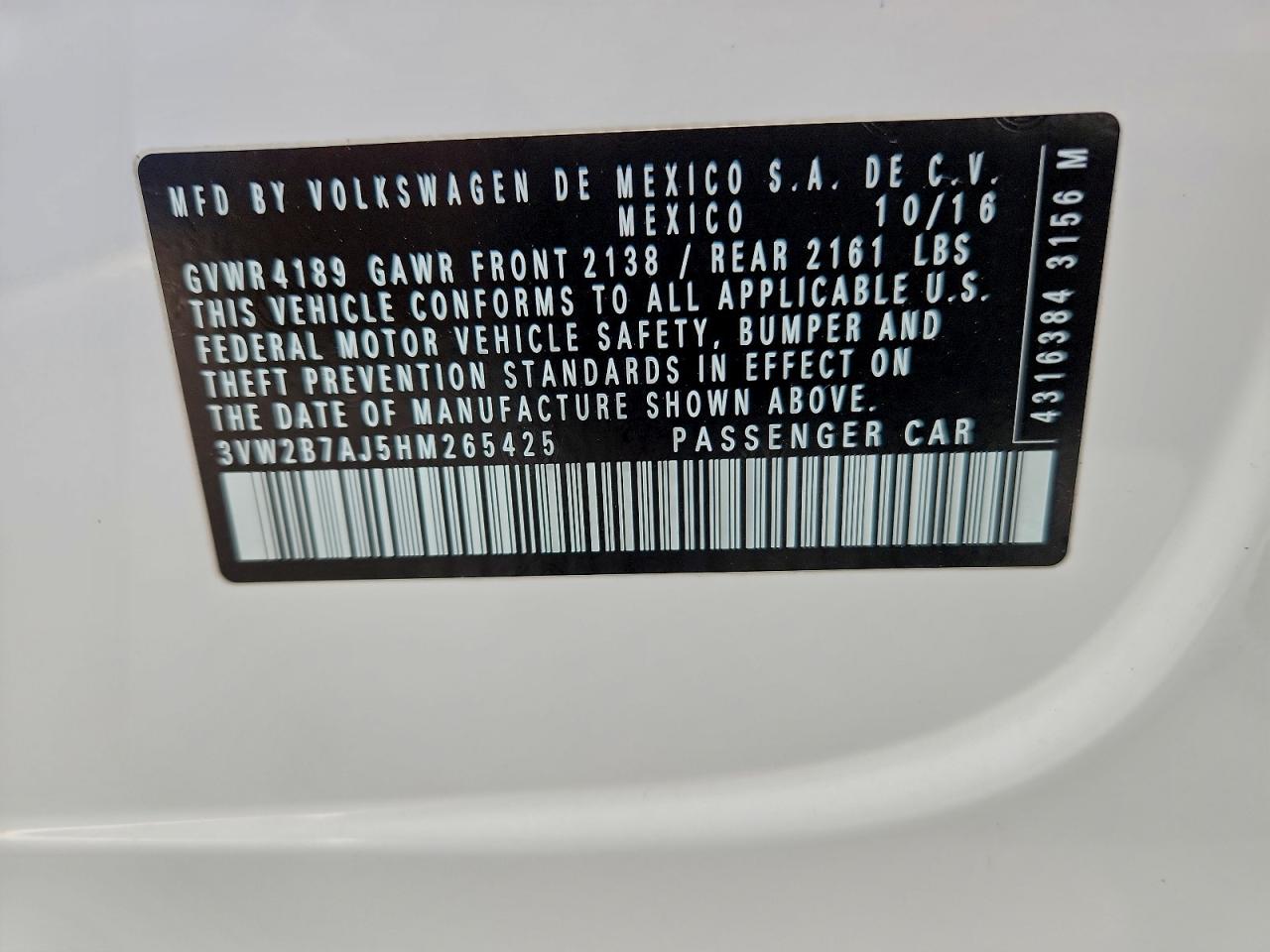 2017 Volkswagen Jetta S VIN: 3VW2B7AJ5HM265425 Lot: 94517975